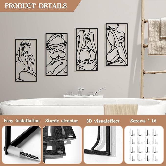 Bakovity Black Metal Bathroom Wall Decor Minimalist Line Art Wall Decor Black Abstract Modern Wall Art for Bathroom Living Room Bedroom (4 Pcs,17 x 9 in)