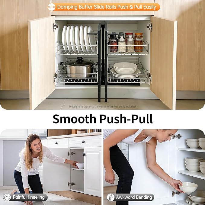 2 Tier Blind Corner Pull Out Organizer,Kitchen Slide Out Corner Cabinet Organizer Shelf with 4 Basket,Left Open & Right Open Compatible Cupboard Storage Shelf for Kitchens Bathrooms Laundries