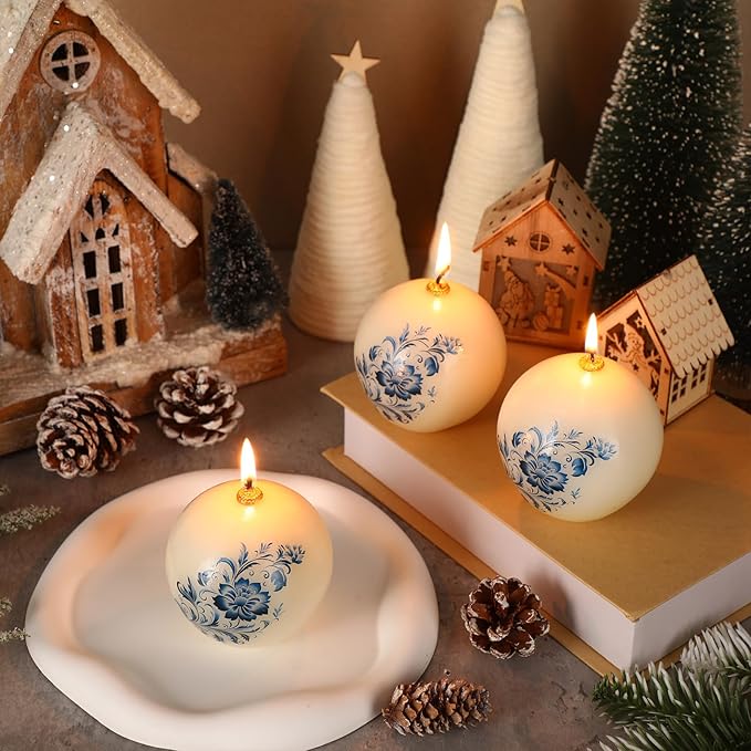 Conelist 3 Pcs 3" Chinoiserie Porcelain Decor Round Ball Candles Blue and White Floral Round Pillar Candles Set Unscented for Spring Tables Centerpiece Bridal Wedding Shower Home Decoration Party Gift