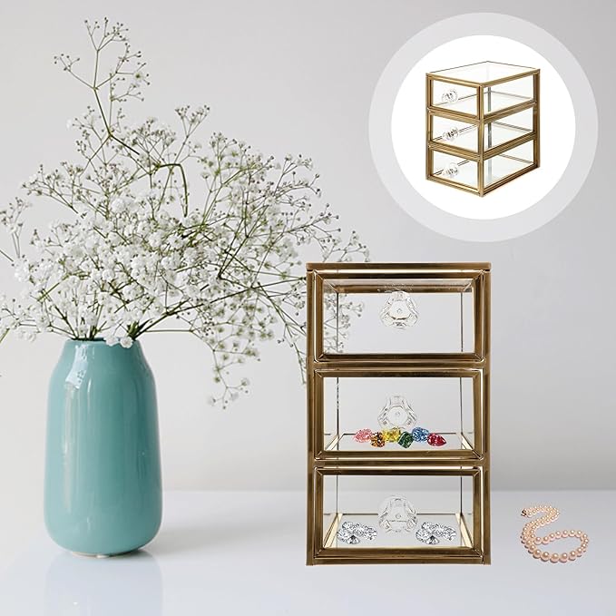 DOITOOL Drawer Jewelry Storage Box with Alloy Frame Transparent Glass Display Case for Small Accessories Versatile Makeup and Office Organizer Space-saving Compact Design for Home and Dorm