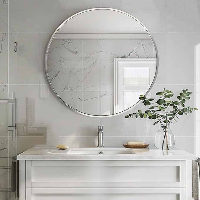 Sunniry Silver Round Mirror 30 inch, Round Bathroom Mirror, Silver Circle Mirrors with Aluminum Frame, Circle Wall Mirrors for Bathroom, Living Room, Hallway, Bedroom.
