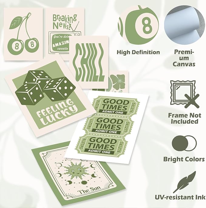 Aroutde Green Lucky Poster - Trendy Sage Green Wall Art - Guest Check Print - Lucky You - Room Decor - Y2K Canvas Wall Art - Set of 15 (Unframed)