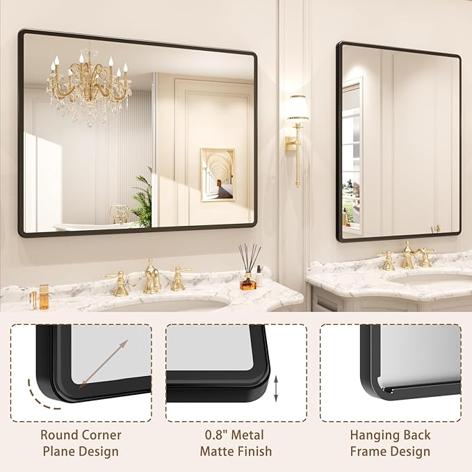 pertetey New Upgrade Bathroom Mirror, 24X36 Inch Black Metal Frame Wall Mounted Rounded Rectangle Bathroom Vanity Mirror with Tempered Glass for Washroom Bedroom Living Room