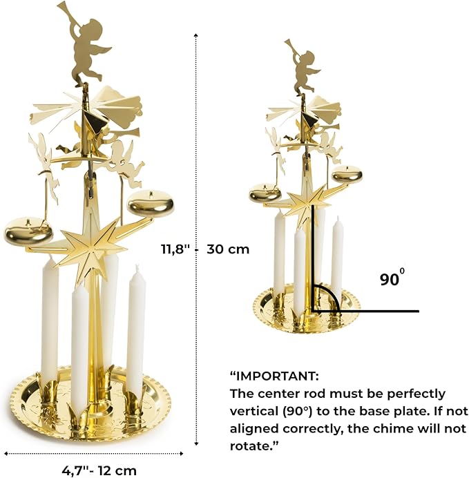 Original Swedish Angel Chimes, Carousel and 4 Candles – Scandinavian Spinning Festive Chimes for Christmas, Best Memorial Gift Since 1948, Home Decorations - Gold Brass