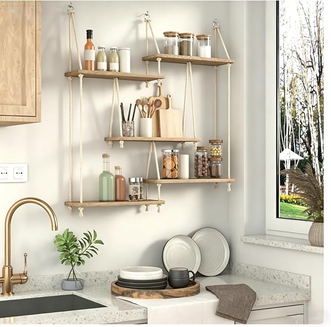 Hanging Shelves for Wall with Vine Lights 5 Tier Boho Wall Shelf Macrame Floating Shelves Rope Rustic Wood Organizer Storage Hanger Rack Decor Aesthetic for Succulents Bedroom Kitchen Bathroom Home