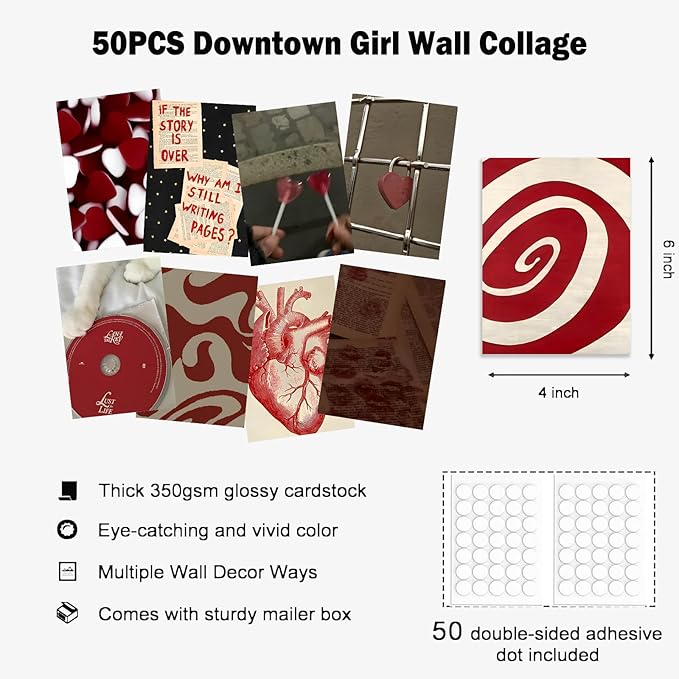 KBKBART Downtown Girl Room Decor Y2k Posters - Dark Red Downtown Girl Aesthetic Wall Decor, Y2k Room Decor 2000s Collage Kit, 4"x6" Wall Art Prints Dorm Decorations For Teen Girls Bedroom (Unframed)