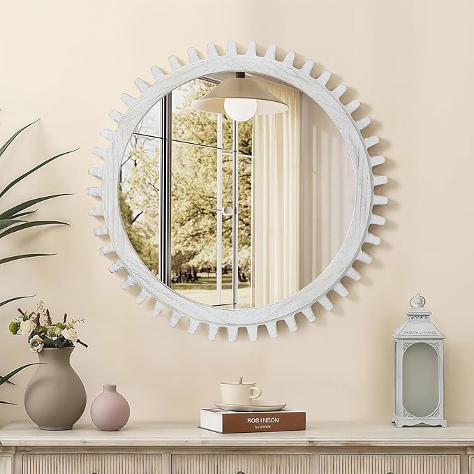 ULIKE Round Rustic Wood Mirror for Bathroom, Farmhouse Mirror with Wood Frame, 24x24 Inch White Vanity Mirrors for Wall Decor of Bedroom Living Room Entryway