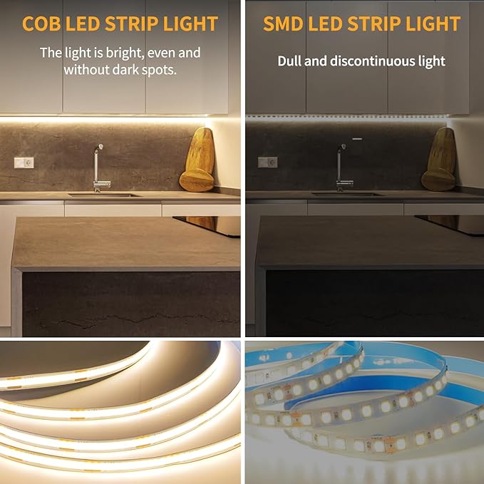 50FT COB LED Strip Lights DC 24V Dimmable 3000K Warm White Flexible LED Tape Light for Bedroom, with Remote and app Control LED Tape Lights CRI90+,for DIY Home Decoration