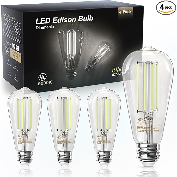 TJOY 4 Pack Vintage Edison LED Light Bulbs, Dimmable, 60W Equivalent, E26 Medium Base, 5000K Daylight, ST58, 8W, 800LM, Ultra-Bright, 80+CRI, Antique Decorative Filament, Clear Glass