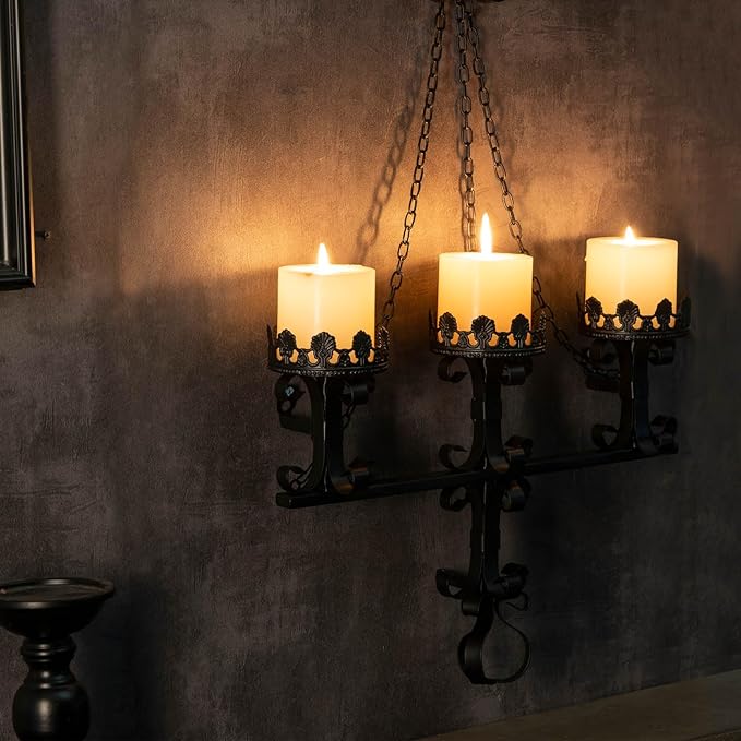 Black Wall Candle Sconces,3 Iron Candelabra,Gothic Victorian Decor,Rustic wall Candle Holder for Bathroom,Living Room,Dining Room Indoor Outdoor Use