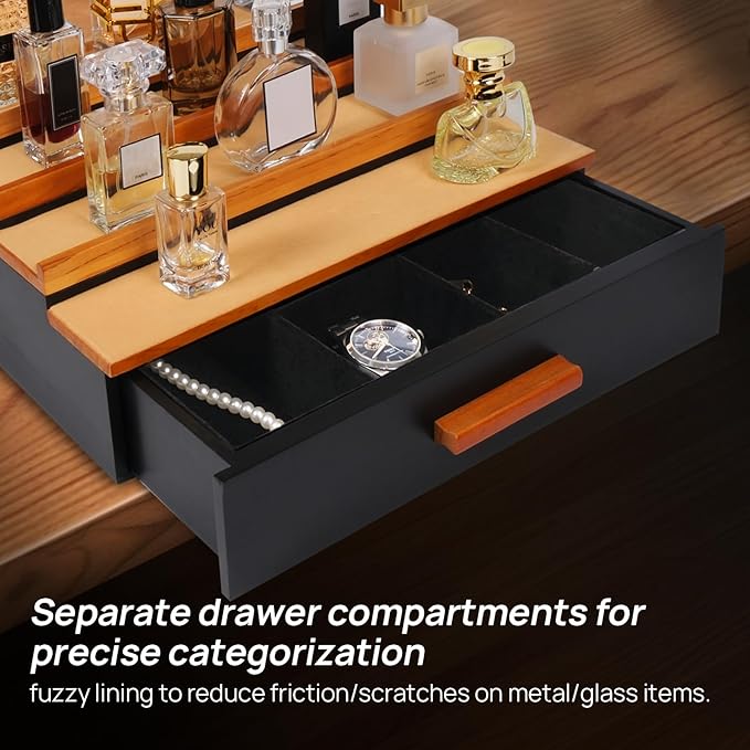 Cologne Organizer for Men，4 Tier Wood Perfume Display Stand with Velvet Lining Drawer and Hidden Compartment ，Perfume Organizer for Men，Great Gift for Man (Black Walnut)