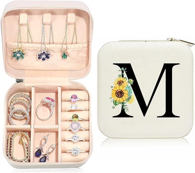 Sunflower Jewelry Case,Sunflower Gifts for Women,Initial M Travel Jewelry Box,Valentine's Day Gift Easter Personalized Gifts for Teen,Mom,Wife,Bridesmaids,21st Birthday Gift for Her