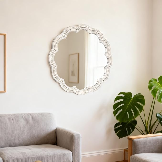 30 Inch Round Wall Mirror, Whitewashed Wooden Frame with Scalloped Edge & Beaded Trim, Decorative Farmhouse Boho Mirror for Bedroom, Bathroom, Living Room, Entryway