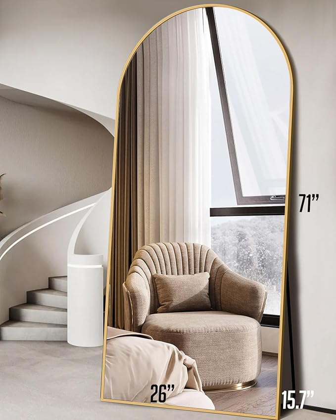 DMWOODFL 71"x26" Arched Full-Length Mirror with Explosion-Proof HD Glass - Oversized Floor or Wall-Mounted Full Body Mirror for Bedroom, Living Room, and Cloakroom (Gold)