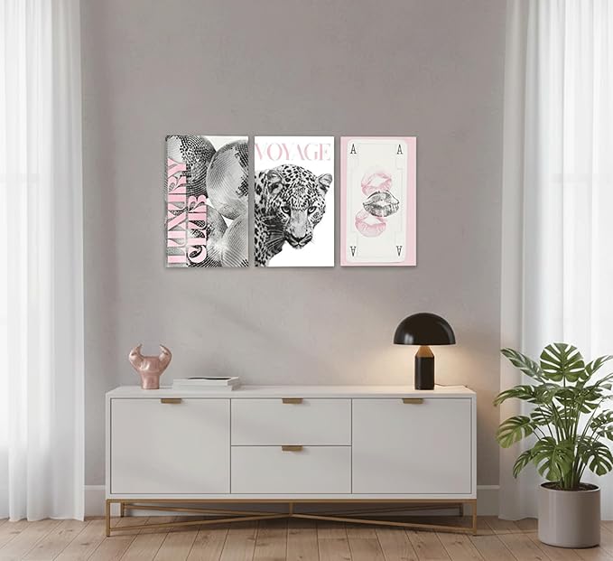 3pcs Pink Fashion Leopard Canvas Wall Art,Black and White Cheetah Pattern Printing Poster pictures,Funny Playing Card Lip Disco Ball wall decor for Girls' Room Living Room Bedroom 24x16in Framed