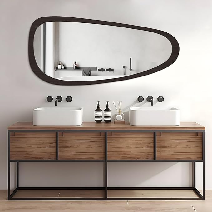 WallBeyond Asymmetrical Mirror, Irregular Wall Mirror, Wall Mirrors Decorative for Bedroom Living Room Entryway Hall, Wood Mirror for mid Century Modern Decor 48" H x 22" W, Dark Brown