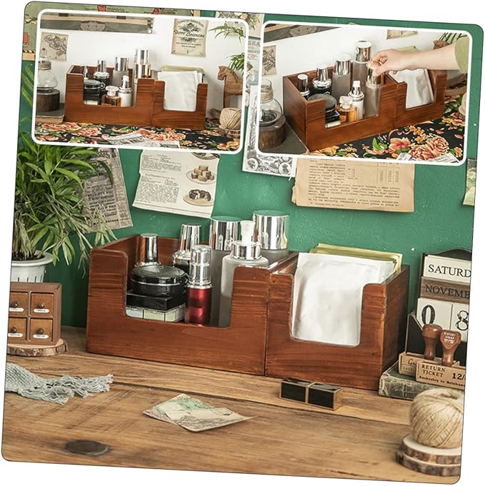 Wooden Makeup Organizer Box Retro Design for Skincare Lipstick and Sundries Desktop Storage Solution for Vanity and Bathroom Small Tabletop Container