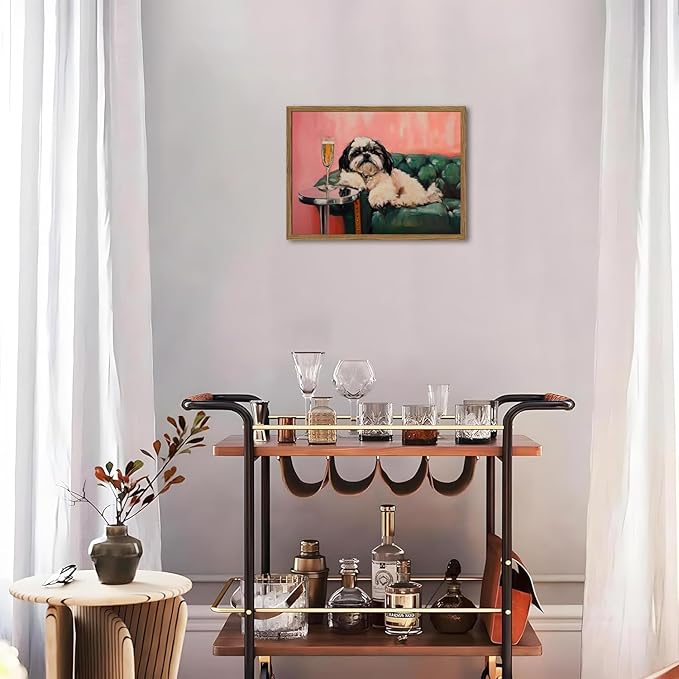 Funny Dog Wall Art, Cute Animal On Couch Bar Cart Pictures Wall Decor Paintings, Eclectic Dog with Cocktail Canvas Prints, for Living Room Dining Room Bedroom 16x24 inch Wood Framed