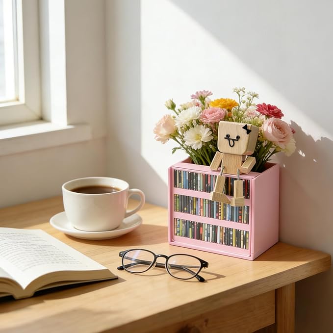 Pink Anxiety Bookshelf with 100 Mini Books, Cute Miniature Library Stress Relief Toy, Shaking Book Shelf Ornament, Bookmark Holder & Pencil Organizer, Aesthetic Room Decor, Gift for Bookish Her