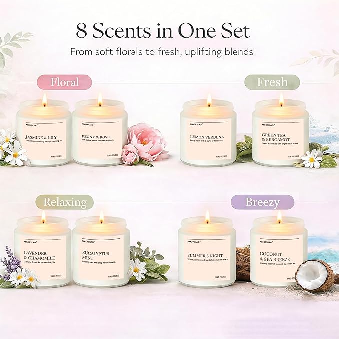 Scented Candles Gift Set, 8 Pack Soy Wax Candles for Home, Long Lasting Burn Floral Fresh Aromatherapy Scents for Women, Birthday, Holiday, Mothers Day