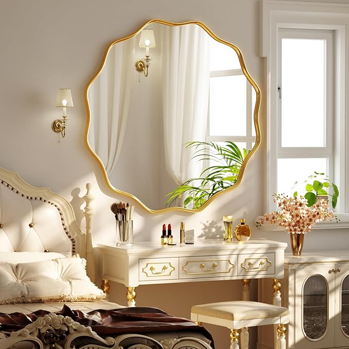 30 Inch Scalloped Round Wall Mirror, Gold Wavy Edge Frame Circle Mirror for Bathroom, Bedroom, Entryway, Living Room for Wall Decor