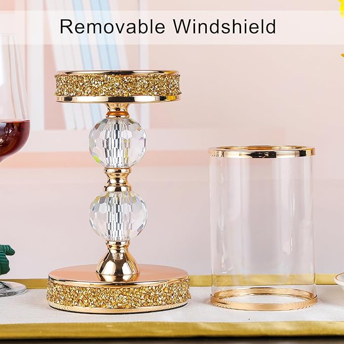 Pillar Candle Holder, 13 Inch Crystal Candlesticks for 3''X5'' Candles, Dining Coffee Table Decor, Wedding, Events, Parties - Glass and Gold Finish