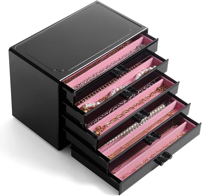 YUFONG Necklace Holder Organizer, Dustproof Necklace Box Velvet Necklace Organizer Box with Lid Clear Acrylic Dustproof Stackable Jewelry Displays for Necklaces Chain Display (Black Pink, 5 Drawer)