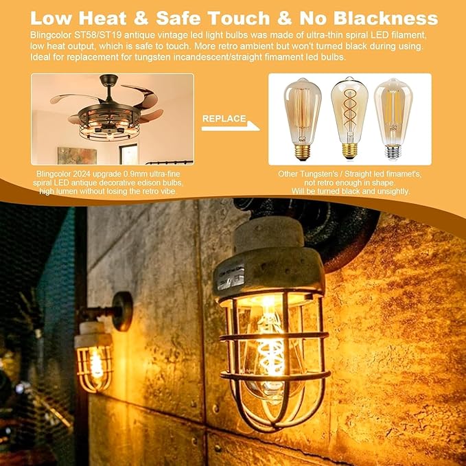 BLINGCOLOR E26 LED Vintage Edison Light Bulbs 60W Equivalent, Dimmable E26 6W LED Edison Bulb 2200K Amber Warm Light, ST58 Antique Decorative Light Bulbs for Pendant Lights Fixture, CRI90+, 4 Pack