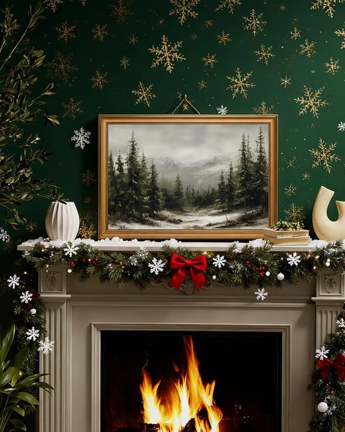 InSimSea Gold Framed Christmas Wall Art, Vintage Canvas Prints Decor, Winter Pine Forest Snowy Paintings Large Wall Decor, Rustic Pictures for Winter Xmas Holiday Decoration Gifts, 16x24inch