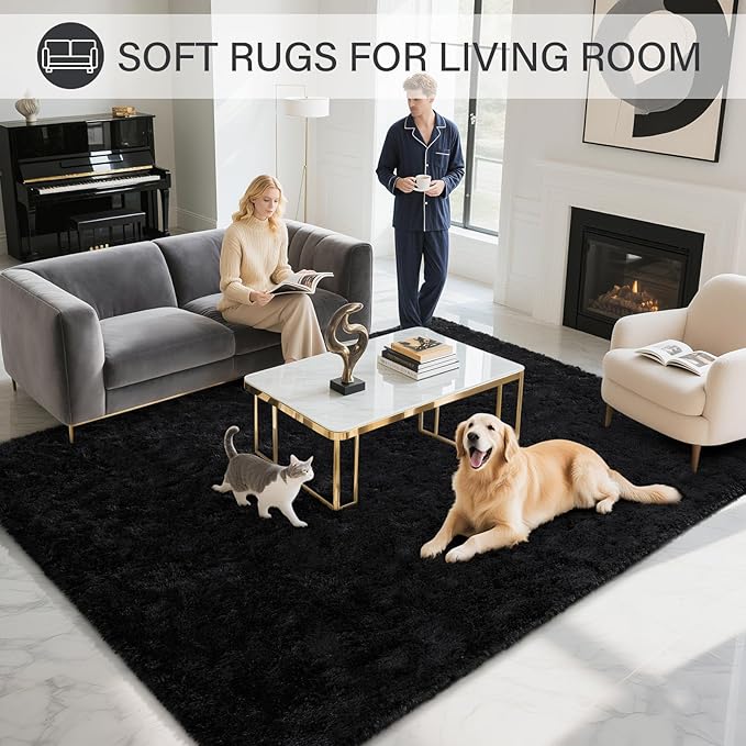 BENRON Fluffy Rugs for Living Room 6x9 Black, Washable Large Area Rugs for Bedroom Dining Table Office Kids Nursery Room, Washable Indoor Floor Carpets