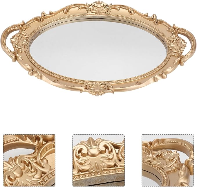 DOITOOL Vintage European Style Gold Oval Mirror Tray Decorative Jewelry and Perfume Storage Plate Photography Prop for Makeup Organizer