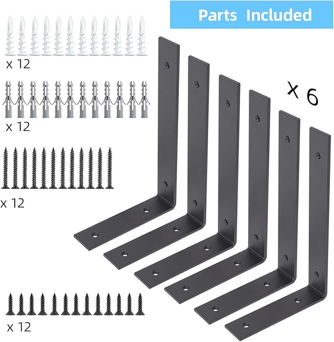 6-Pack Heavy Duty 12-Inch Black Shelf Brackets, L Shelf Bracket 12 Inch for Floating Shelves, 1/5-Inch Thick