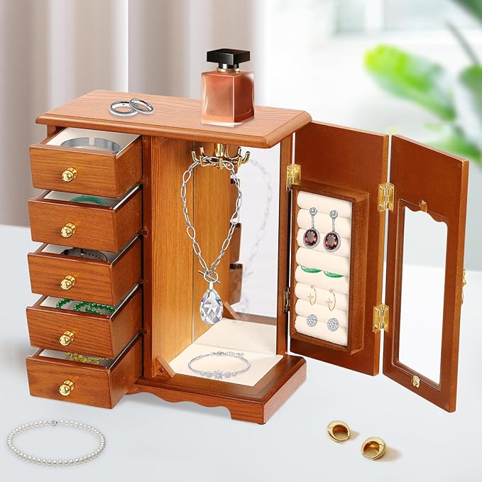 Wooden Jewelry Box, Jewelry Organizer With 5 Drawers Built-in Necklace Carousel and Mirror for Necklaces, Earring, Rings (Light Wood Color)
