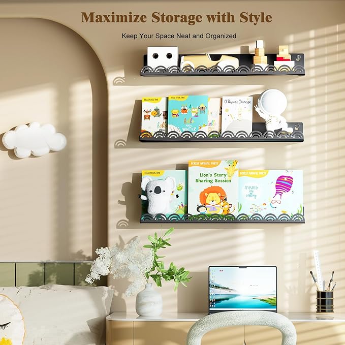 Nursery Book Shelves, Metal Floating Shelves for Wall 6 Pack, Black Scalloped Shelf, Wall Mounted Book Shelf for Kids Rooms, Baby Bookcase, Nursery Decor.
