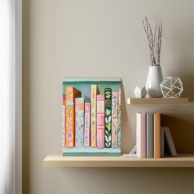 Book Wall Art Vintage Flower Books Canvas Wall Decor Pastel Bookshelf Artwork Painting Pictures Colorful Book Stack Posters Prints for Living Room Bedroom Reading Nook 16x24 Inch Framed