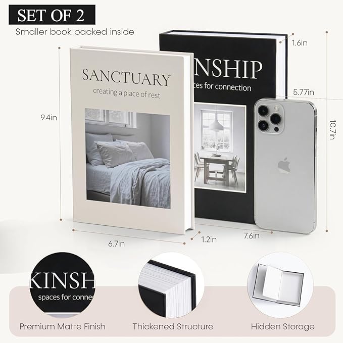 Decorative Storage Books for Home Decor (Set of 2) - Faux Book Box with Secret Compartment - Industrial & Minimalist Coffee Table Centerpiece - Sanctuary & Kinship (Matte Black & Beige)