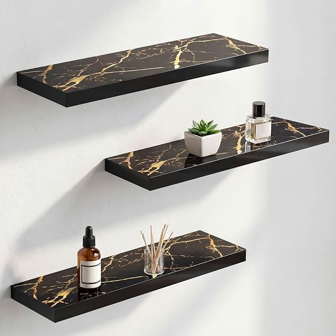 Pinkunn 3 Pcs Faux Marble Floating Shelves Modern Wooden Floating Shelf Wall Mount Organizer Decor for Home Bathroom Kitchen Storage and Display (Black Gold)