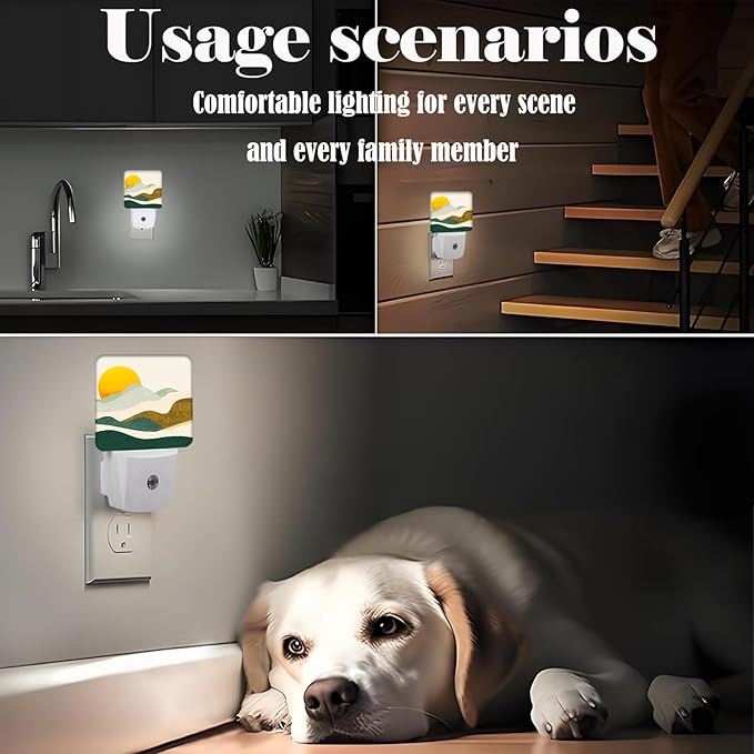 Boho Sun and Abstract Mountains Night Light,Plug Into Wall Decor for Stairway,Hallway,Kitchen,Dusk to Dawn Sensor Nightlights for Boys/Girls/Women/Men Room Gifts