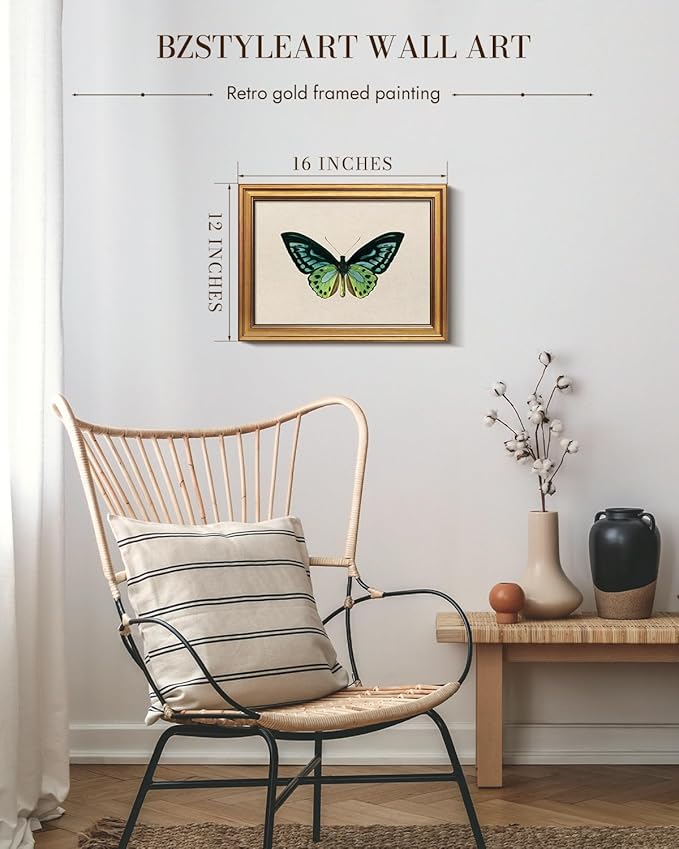 Bzstyleart Vintage Wall Art Decor, Vintage Gold Framed Wall Art, Green Butterfly Frmaed Artwork for Office, Aesthetic Canvas Picture Print, Painting for Bedroom Living Bathroom, 12 x 16 Inch