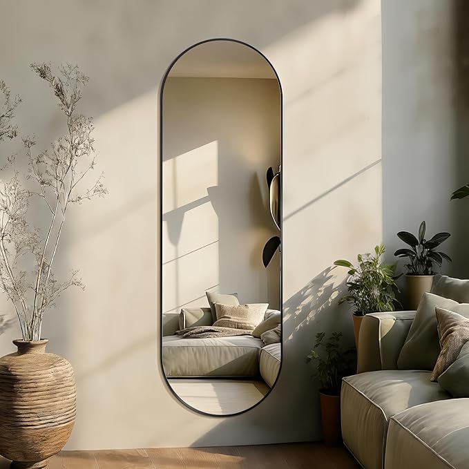 Oval Full Length Mirror, 60"×19" Wall-Mounted Mirror with Metal Frame, Ultra-Clear Explosion-Proof, Simple and Classic Deco for Cloakroom/Bedroom/Living Room, Black
