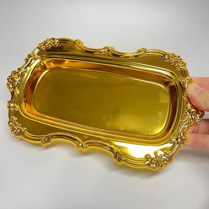 Gold Decorative Tray Vintage Perfume and Makeup Organizer, 7.87” x 4.84” Jewelry Organizer Bathroom Trays Jewelry Display,Vintage Carving Decor Home (Rectangle-Gold)