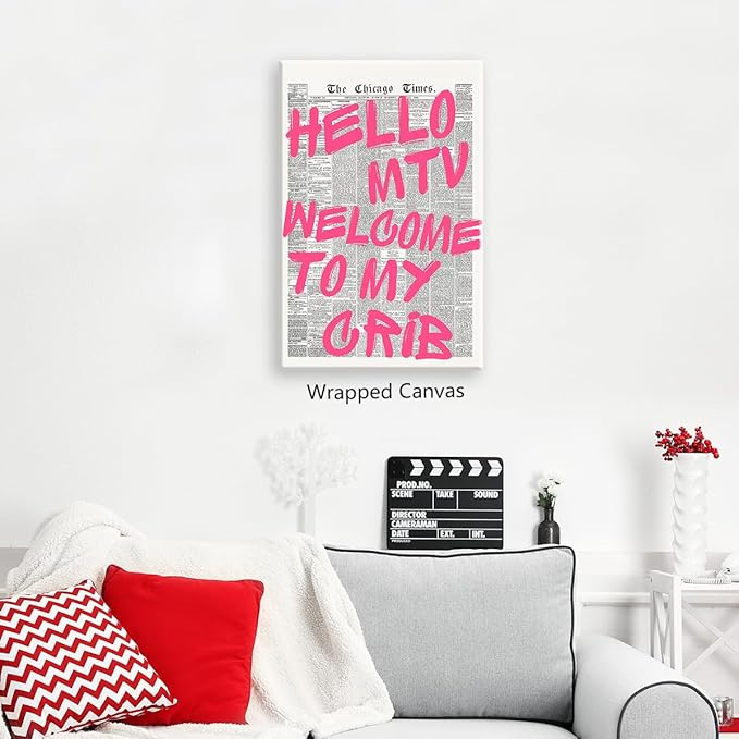 Pink Hello MTV Welcome To My Crib Quote Poster, Vintage Black White Newspaper Canvas Wall Art, Trendy Typography Print Picture, Charming Positive Dorm Bedroom Wall Decor 24x36in Framed