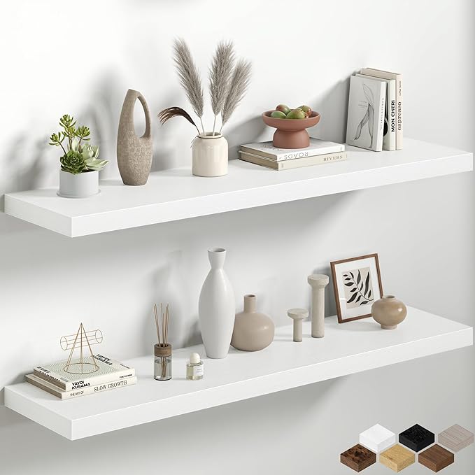 Fun Memories 48 Inch Floating Shelves, 12 Inch Deep Wall Shelves, 48 x 12 Floating Shelf Set of 2, White Rustic Wood Floating Shelf Wall Mounted for Large Kitchen Living Room Bedroom Bathroom Storage