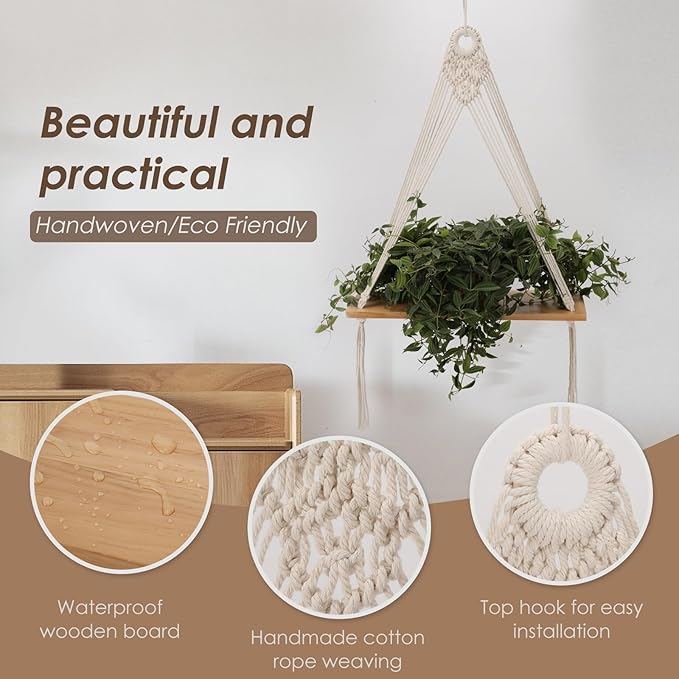 Sunkaioo Macrame Wall Hanging Shelf Set of 2,Boho Wooden Display Floating Shelves for Wall Decor with Handmade Woven Rope,Farmhouse Rustic Plant Shelf for Bedroom Dorm Nursery Living Room Bathroom
