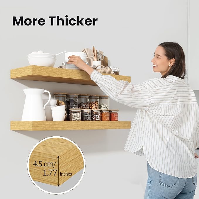 Heimlove Floating Shelves for Wall 48 Inch Long,Extra Large and Thick Wood Shelves Mounted Storage Hanging Shelf Invisible Bracket for Bedroom,Living Room,Kitchen,Office,Oak