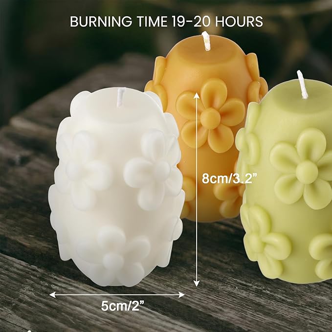 Lyrow 3 Pcs Daisy Pillar Candles 3D Embossed Floral Candle Set 3'' H Easter Decorative Candles for Spring Wedding Home Dinner Decor Housewarming Gifts