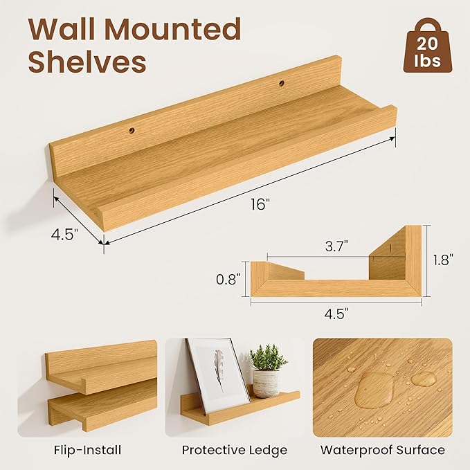 Heimlove Picture Ledge Shelf, Small Floating Shelves Set of 2, 16 Inches Picture Shelf for Wall with Ledge, Kids Bookshelf Wall Mounted for Living Room Bedroom Decor，Oak Color