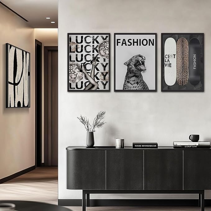 Trendy Leopard Wall Art Fashion Cheetah Lucky Skateboard Wall Decor Pictures Funky Vintage Preppy Luxury Aesthetic Posters Prints for Girly Bedroom Apartment Dorm Decoration Unframed 12x16in