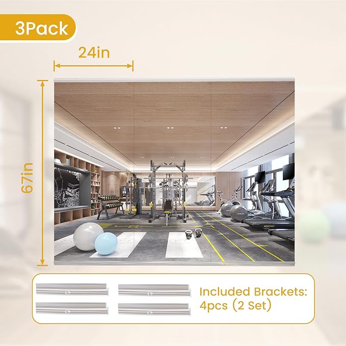 67X24 3Pack Large Home Gym Mirror, Frameless Tempered Glass Dance Wall Mounted Mirror for Home, Yoga, Dancing, Studio, Living Room