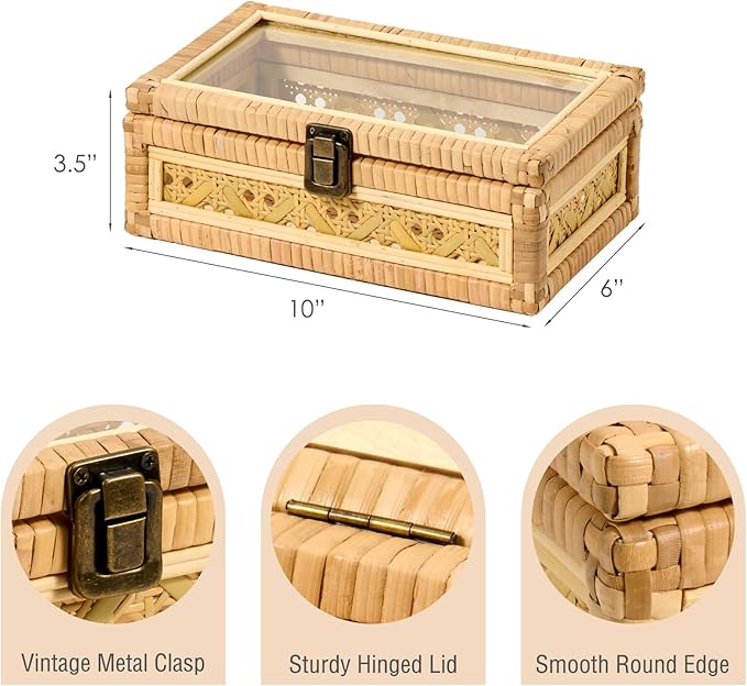 Decorative Rattan Box with Clear Glass Lid Wooden Frame Handmade Boho Natural Wicker Basket Woven Cane Bin Keepsake Memory Jewelry Organizer Rectangular Desk Shelf Closet Container (Small)